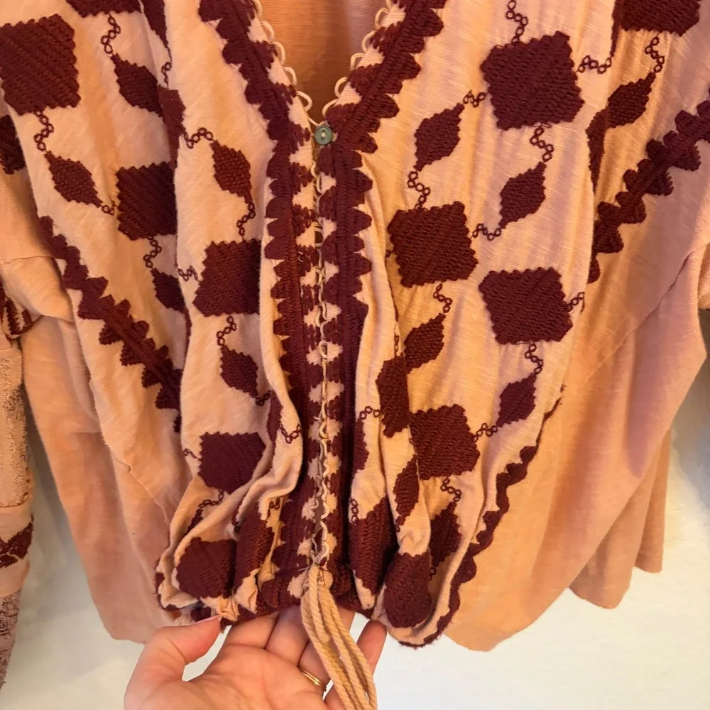 Free People Hometown Tie Front Sweater Top S Embroidered Boho Peasant Oversized